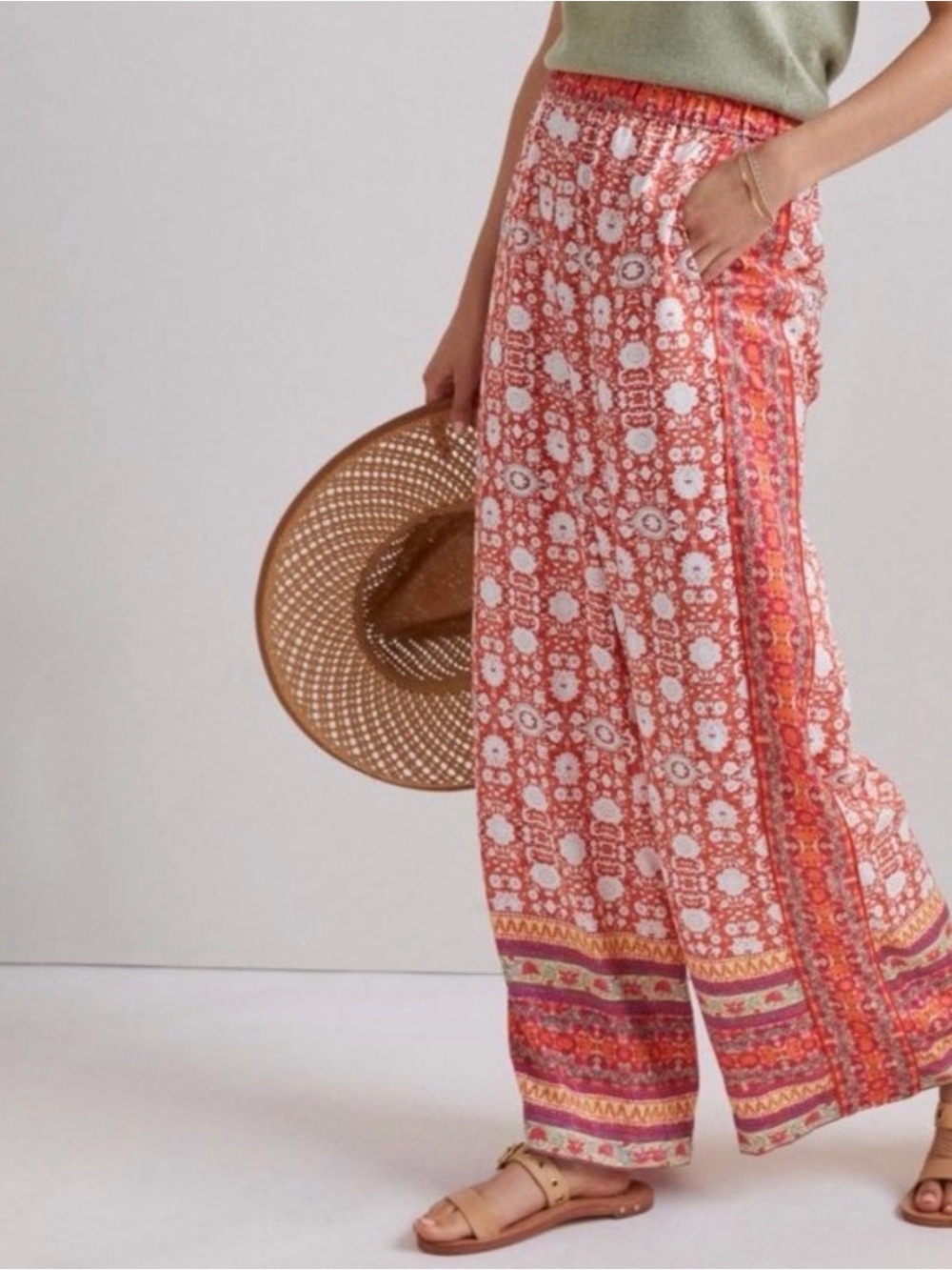 Anthropologie Orange and White Wide-Leg Printed Boho Pants